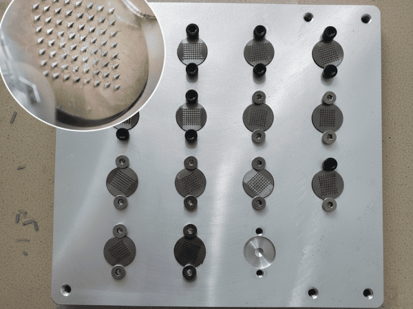 Microneedle mold insert manufacturing process showing CNC machining, EDM, and grinding technologies