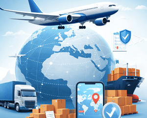 Global logistics network with shipping containers and international distribution